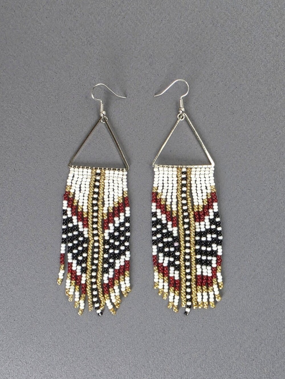 Handmade Royal Geo Boho Fringe Beaded Earrings - Silver White